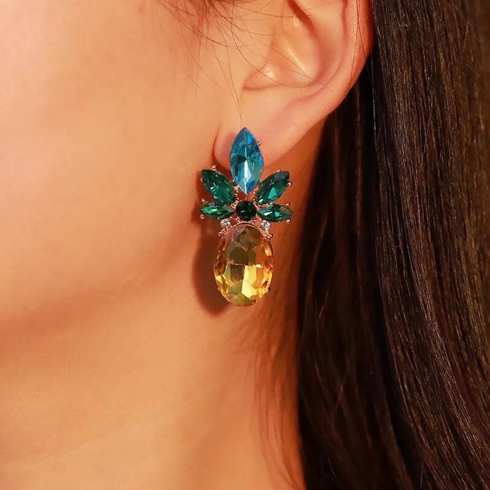 Pineapple Rhinestone Tropical Vibes Earrings - Picture 3 of 8
